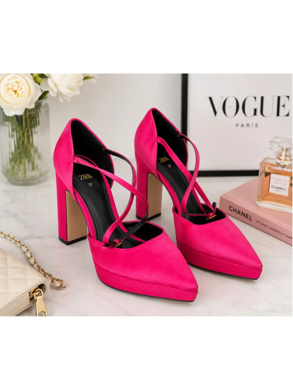 Zara Fuchsia Pointed-Toe Crisscross Block Heels